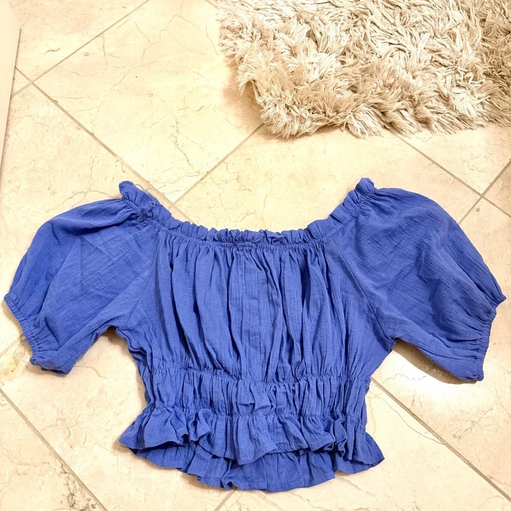 Altar'd State Royal Blue Off-Shoulder Smocked Crop Top